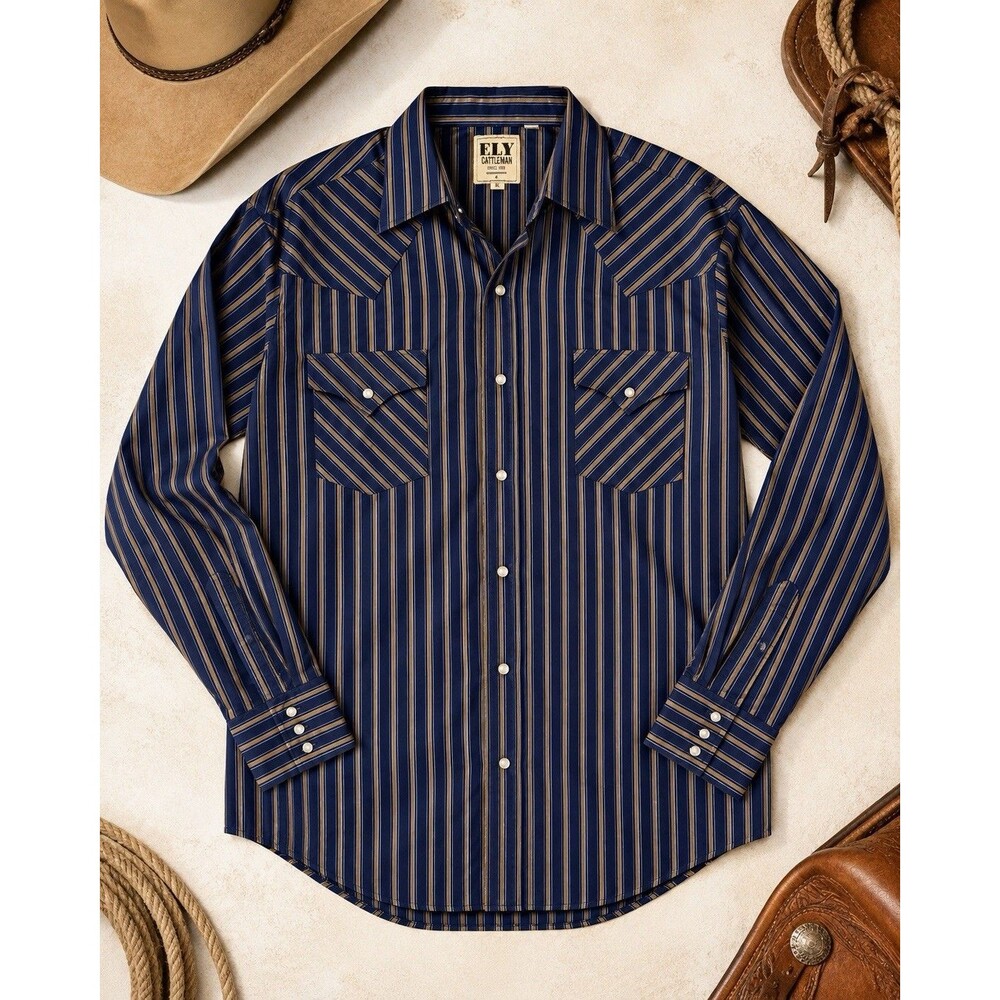 ELY Cattleman Men’s XL Western Pearl Snap Shirt Blue Striped Cowboy Long Sleeve